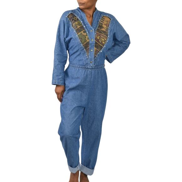 Vintage Rio Denim Jumpsuit Blue Tapestry Medium Wash Jean 90s Embellished Large - Picture 1 of 16